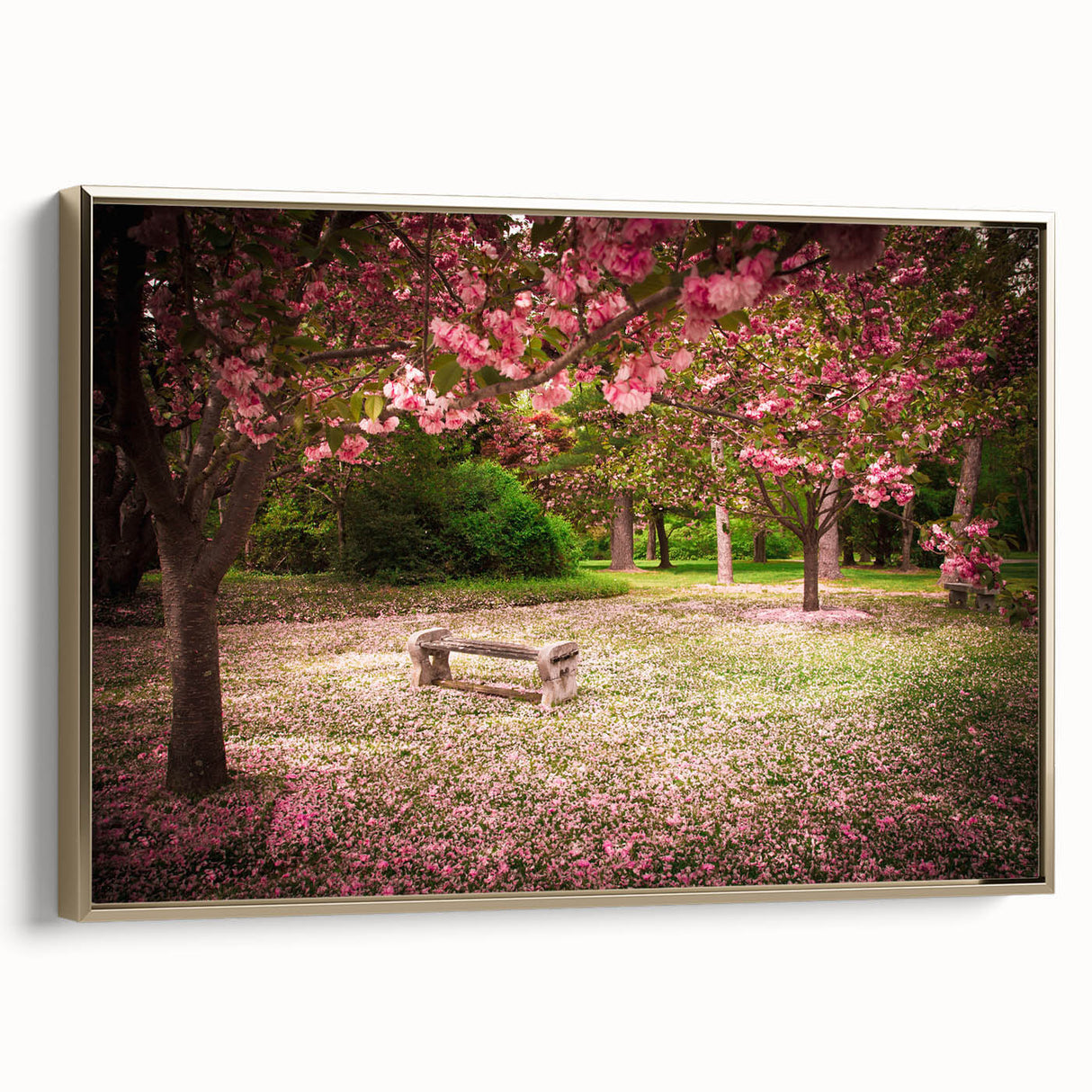Framed canvas wall art showcasing a vibrant landscape garden design with gold accents, designed to enhance any interior decor while providing a touch of elegance.