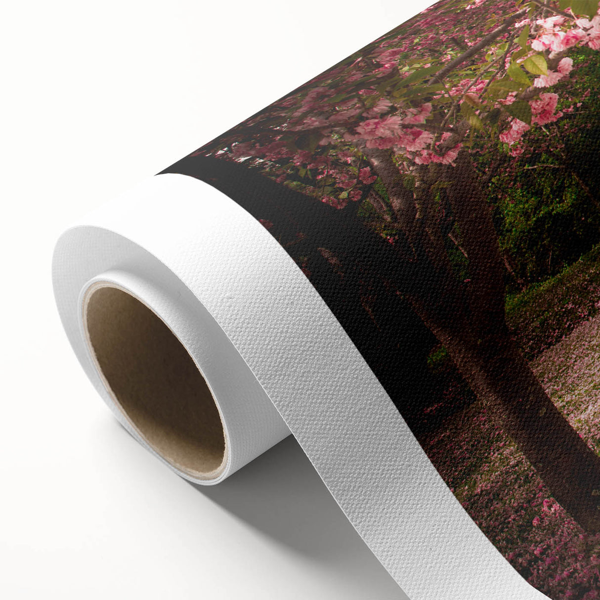 Rolled canvas featuring a vibrant landscape garden design with rich colors and intricate details, ideal for home decor or art collection, presented in a protective tube.