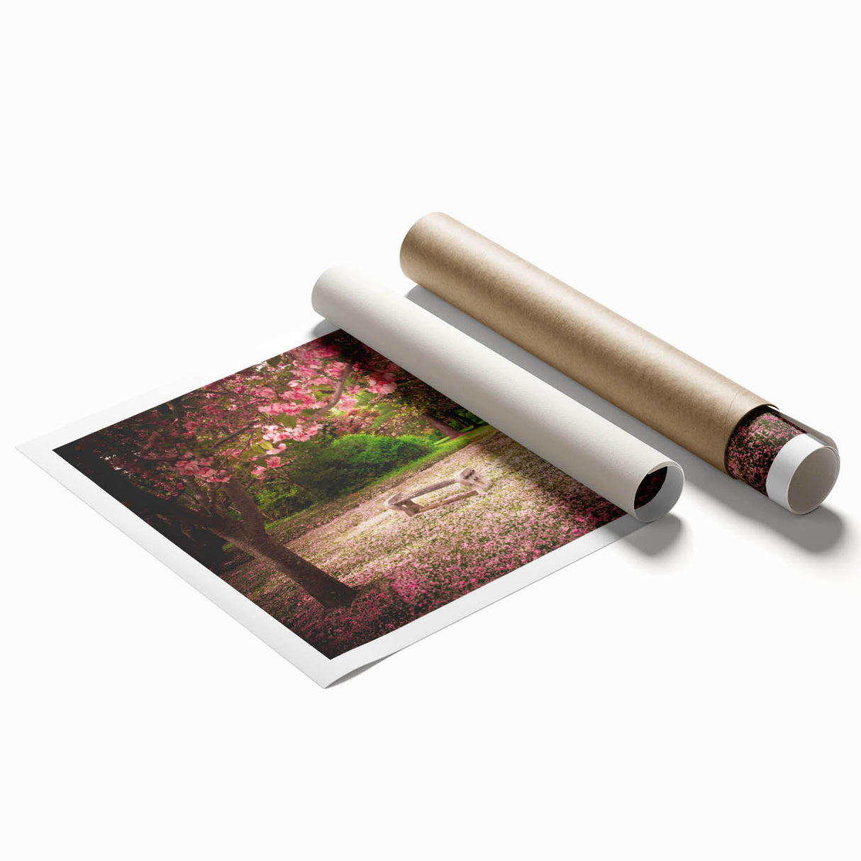 Rolled print of a vibrant landscape garden design, showcasing lush greenery and colorful flowers, perfect for home decor or art collection, encased in a protective tube.