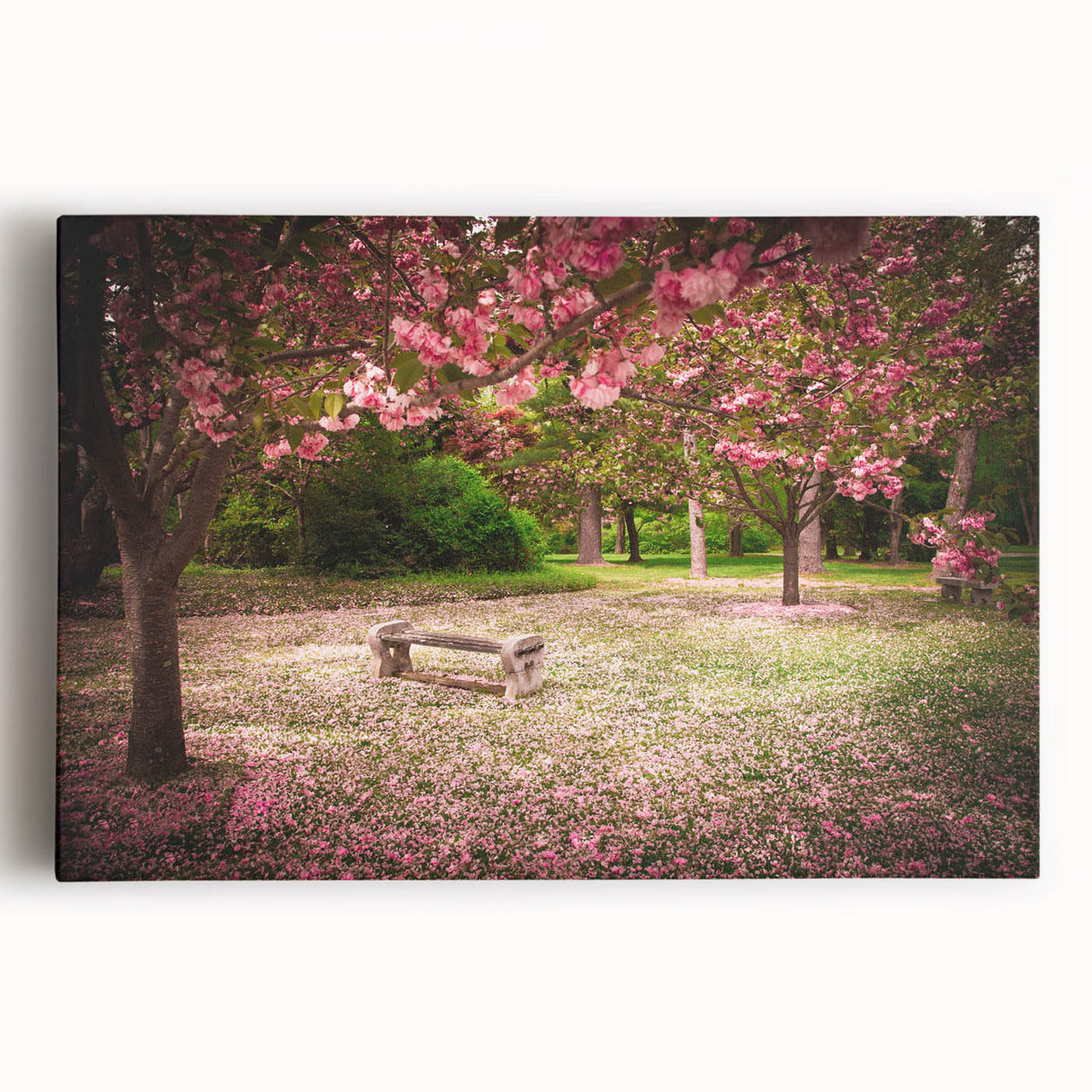 Stretched canvas artwork showcasing a vibrant landscape garden design, featuring lush greenery and colorful flowers, ideal for home decor and interior design enthusiasts.