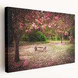 Stretched canvas wall art showcasing a vibrant landscape garden design, featuring lush greenery and colorful flowers, ideal for home decor and artistic ambiance.