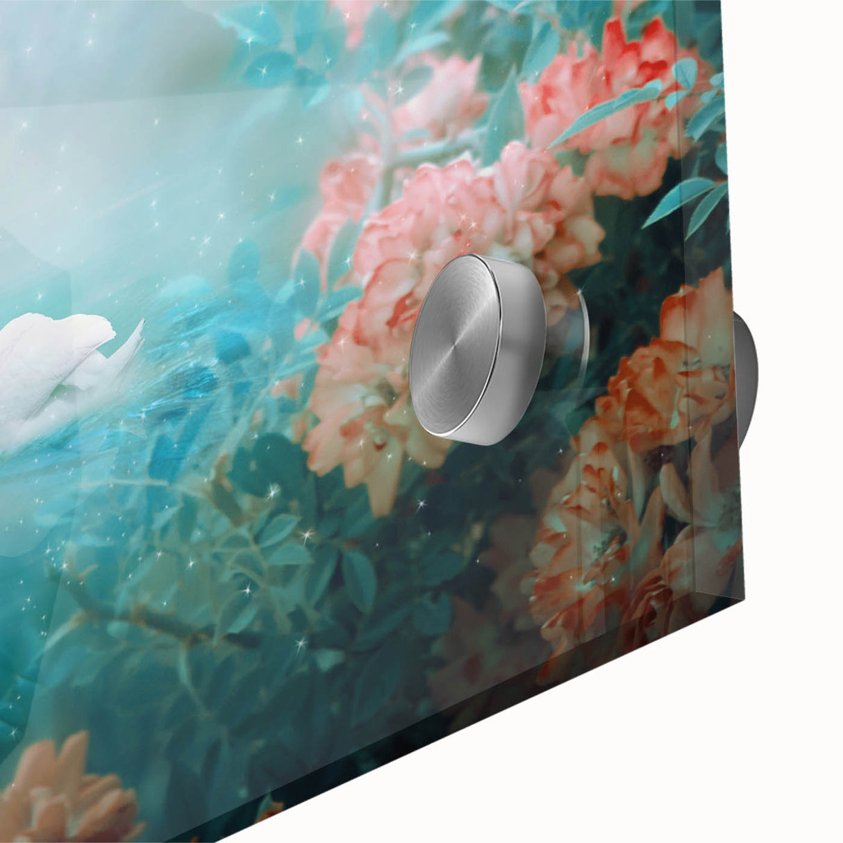 Close-up of a vibrant acrylic glass artwork showcasing a lush landscape garden design with vivid colors and intricate details, ideal for home decor enhancement.