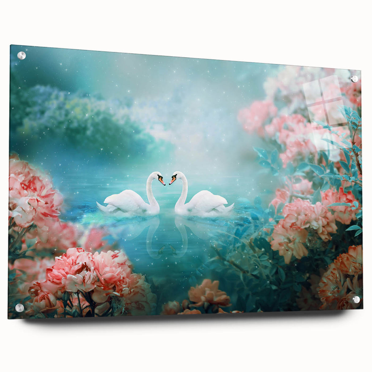 Acrylic glass wall art collection featuring a vibrant landscape and garden design, displayed in a side view with decorative pins for easy hanging. Perfect for home decor.
