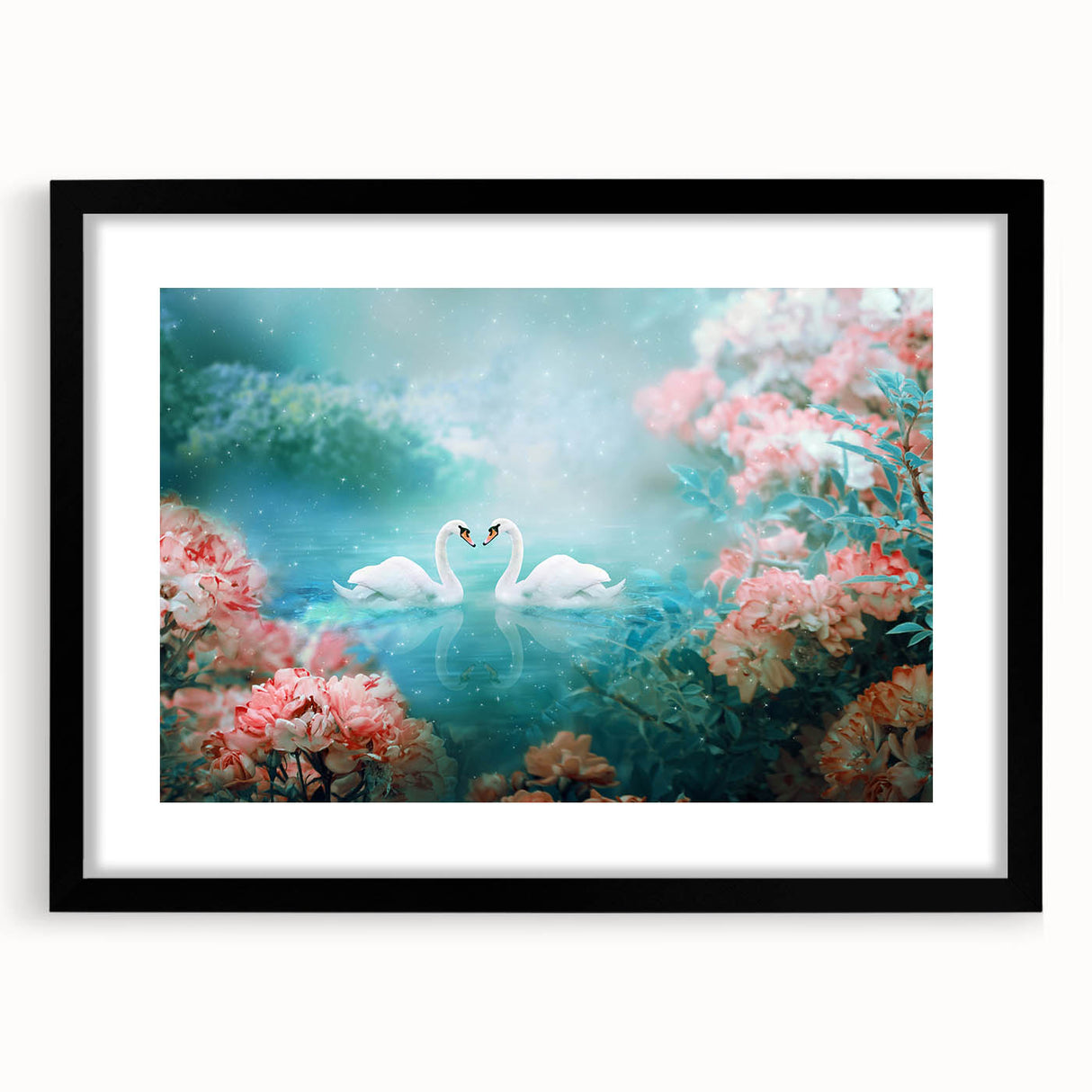 Framed wall art featuring a vibrant landscape garden design in a black frame, accented with a white mat, showcasing intricate details and vivid colors for home decor.