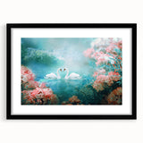 Framed wall art featuring a vibrant landscape garden design in a black frame, accented with a white mat, showcasing intricate details and vivid colors for home decor.