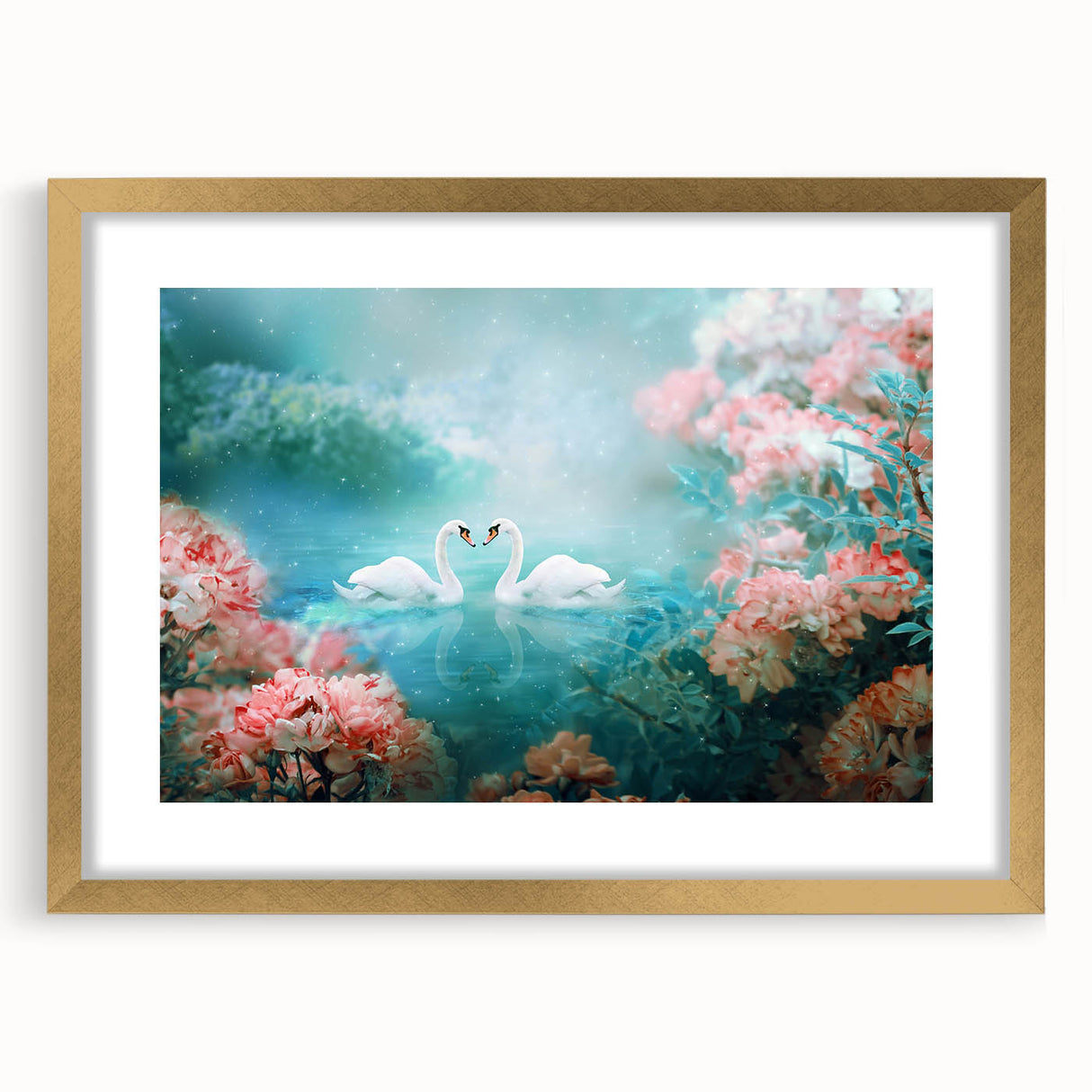 Elegant wall art frame showcasing a botanical landscape design with gold accents, featuring a mat for a polished presentation, ideal for home decor.
