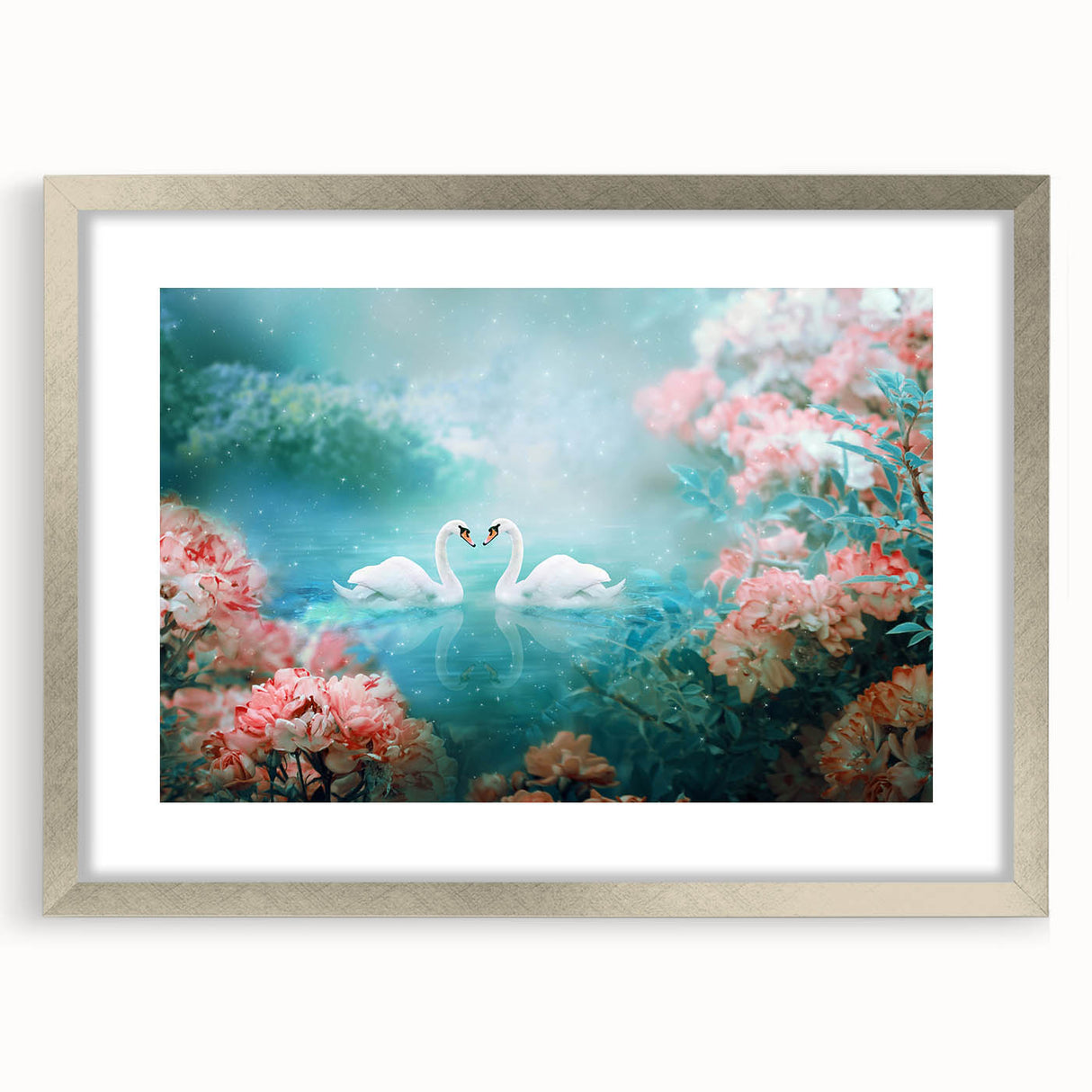 Framed wall art print showcasing a vibrant landscape garden design in a sleek silver frame with a mat, perfect for enhancing home decor aesthetics.