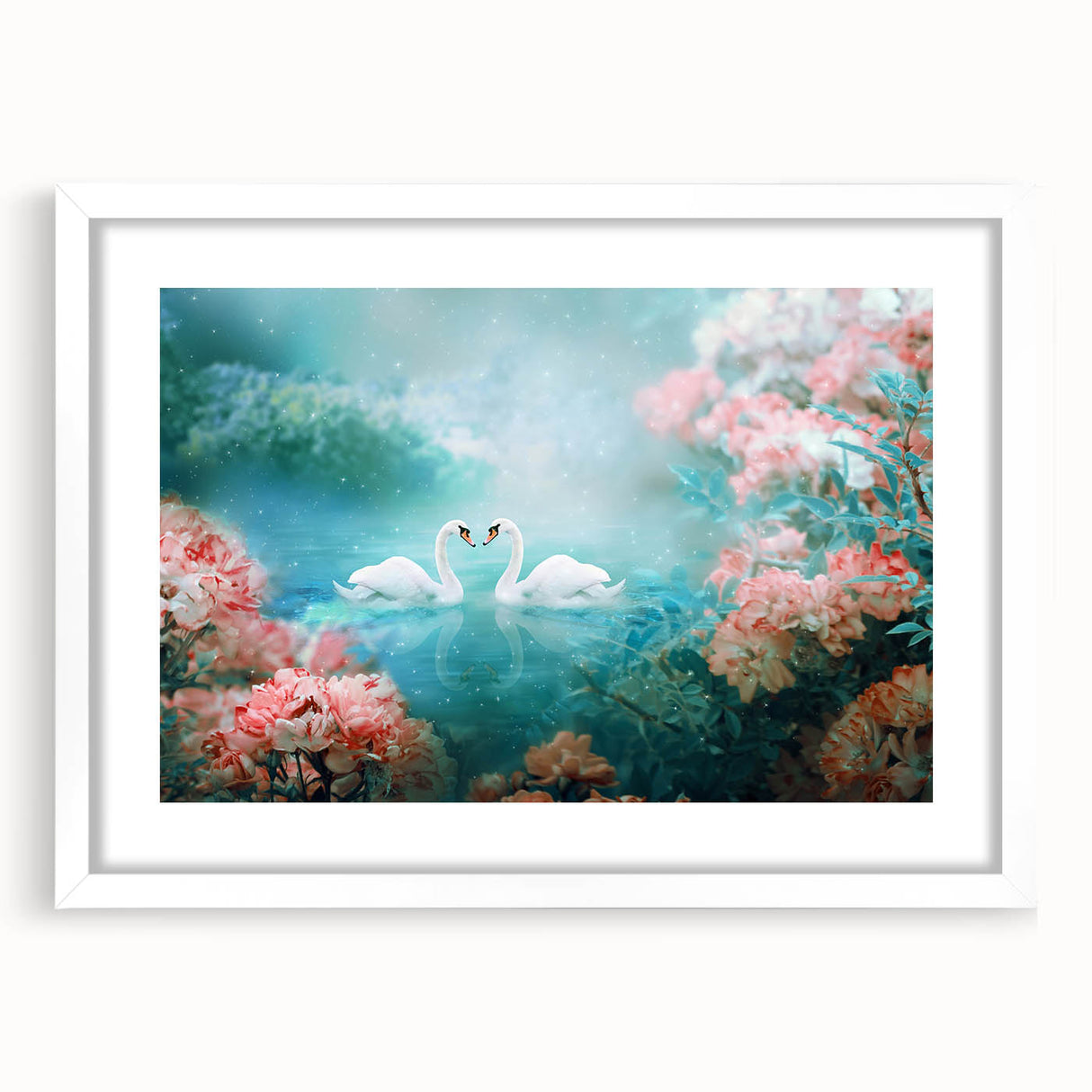 Framed wall art featuring a vibrant landscape garden design with a white mat, showcasing rich colors and intricate details, perfect for home decor.