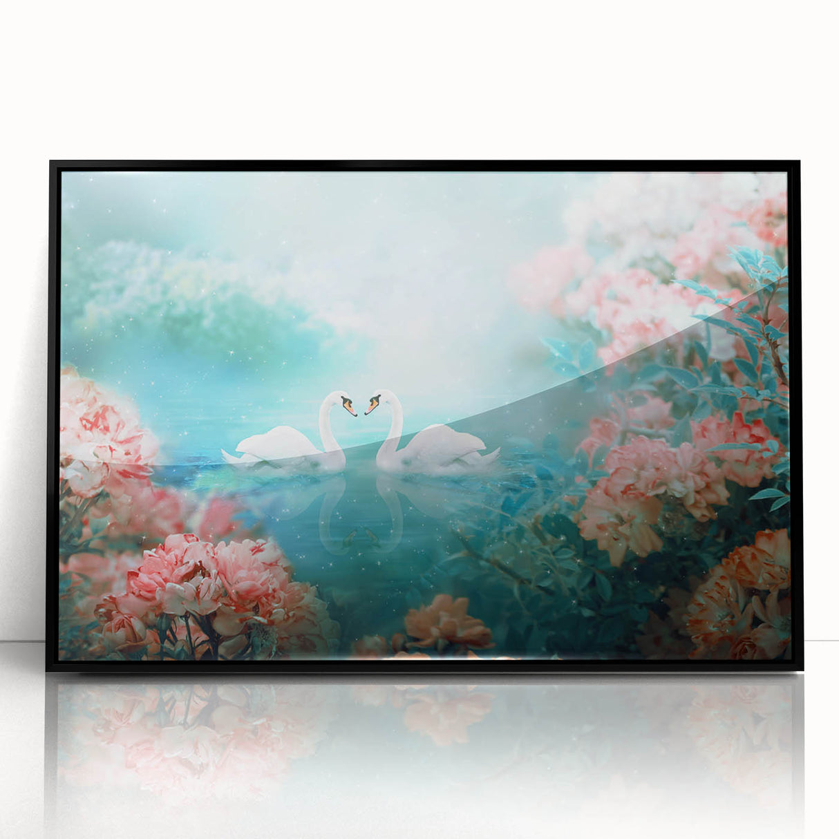 Framed acrylic wall art showcasing a vibrant landscape design with lush greenery and colorful flowers, presented in a sleek black frame, perfect for home decor.