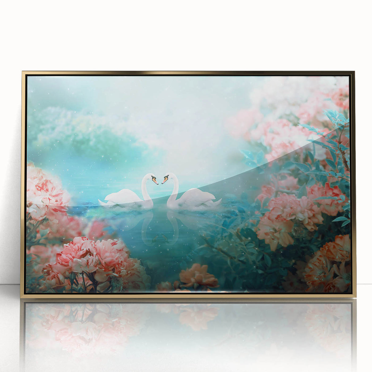 Framed acrylic wall art featuring a vibrant landscape garden design with gold accents, ideal for enhancing home decor and adding a touch of elegance.