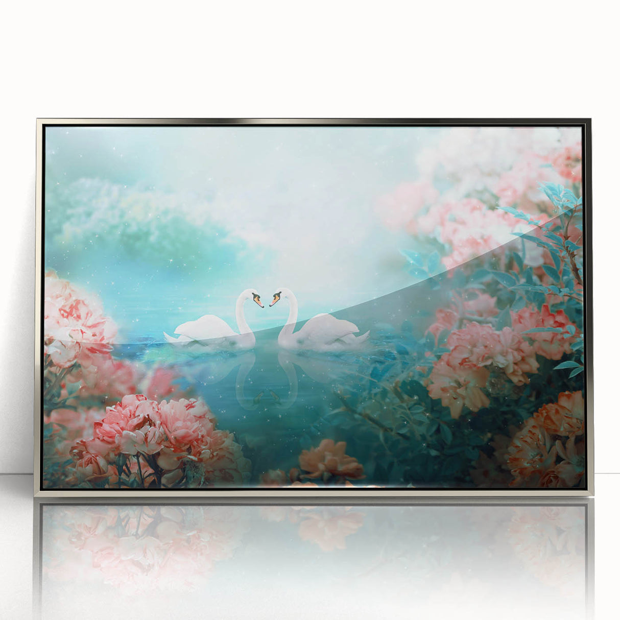 Framed acrylic wall art showcasing a serene landscape garden design in silver tones, ideal for enhancing modern interiors with a touch of elegance.