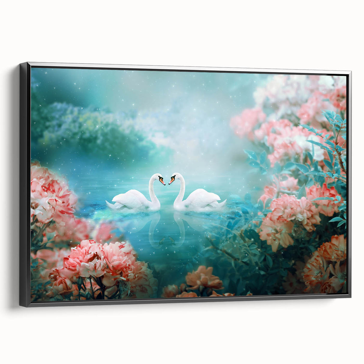 Framed canvas wall art showcasing a stunning landscape garden design, featuring vibrant colors and intricate details, presented in a sleek black frame.