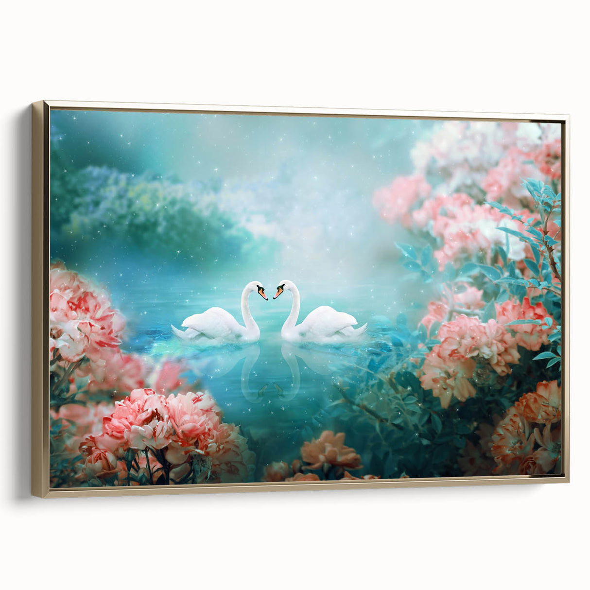 Framed canvas wall art featuring a serene landscape design with lush greenery and a golden border, ideal for enhancing home decor. The artwork captures the tranquility of nature, making it a perfect addition to living spaces.