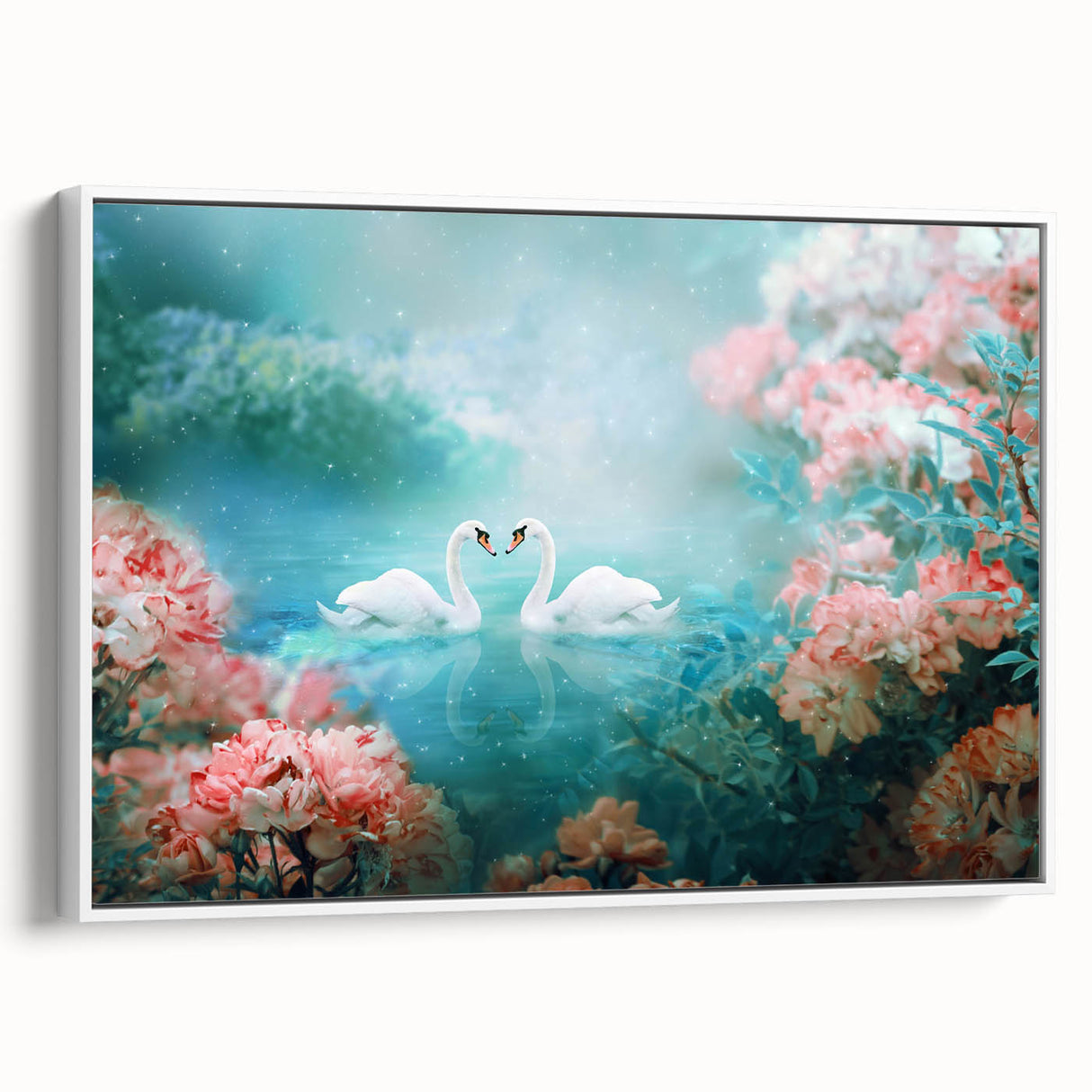 Framed canvas artwork showcasing a vibrant landscape garden design with lush greenery and flowers, presented from a side view against a white background.