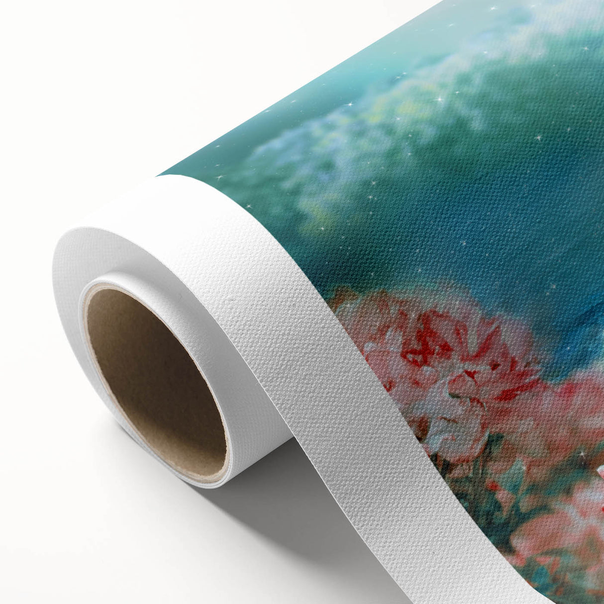 Vibrant rolled canvas featuring a serene landscape design with lush greenery and blooming flowers, perfect for enhancing home decor. Packaged securely in a sturdy tube for safe delivery.
