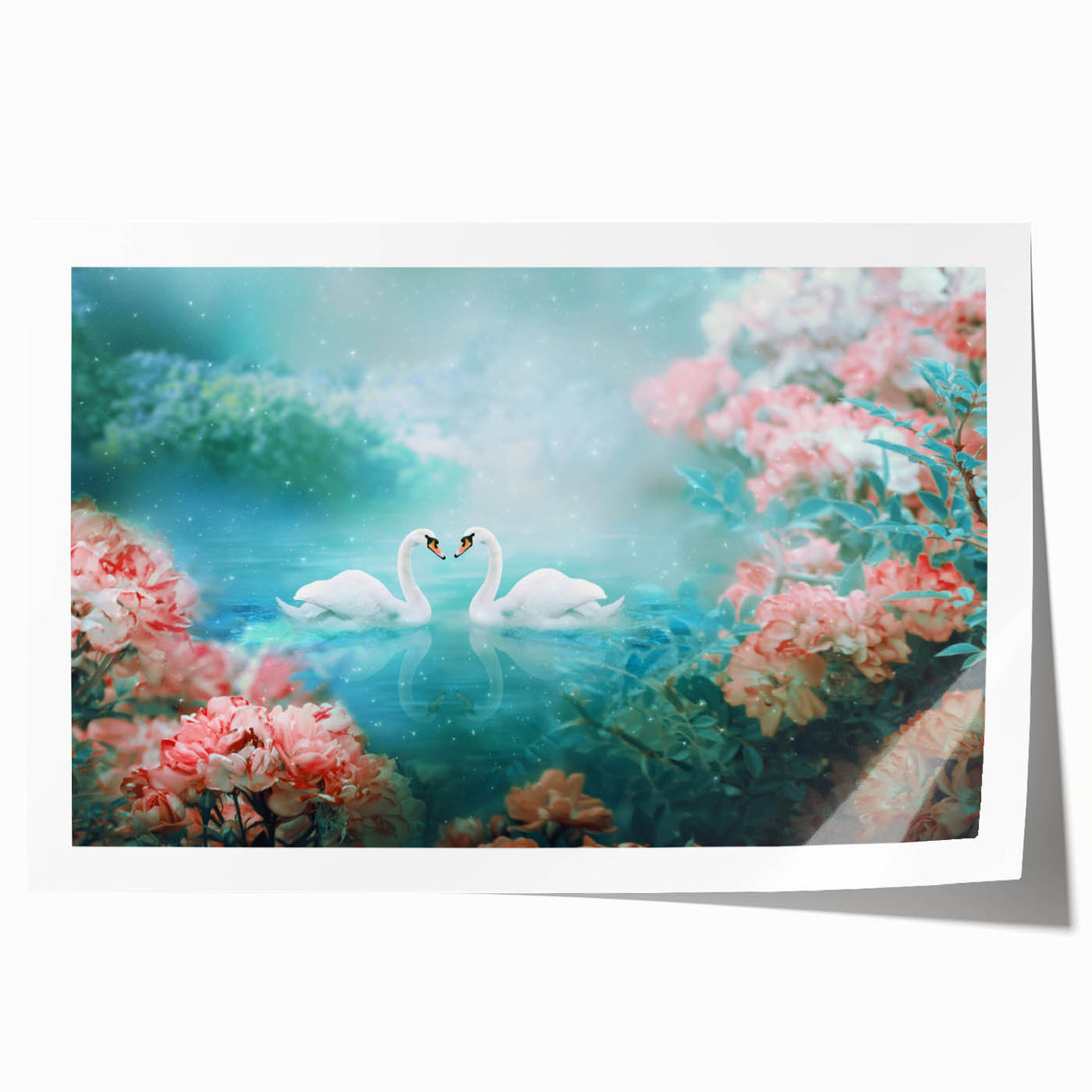 Colorful landscape wall art print showcasing a serene garden design, featuring lush greenery and vibrant flowers, rolled and packaged securely for shipping.