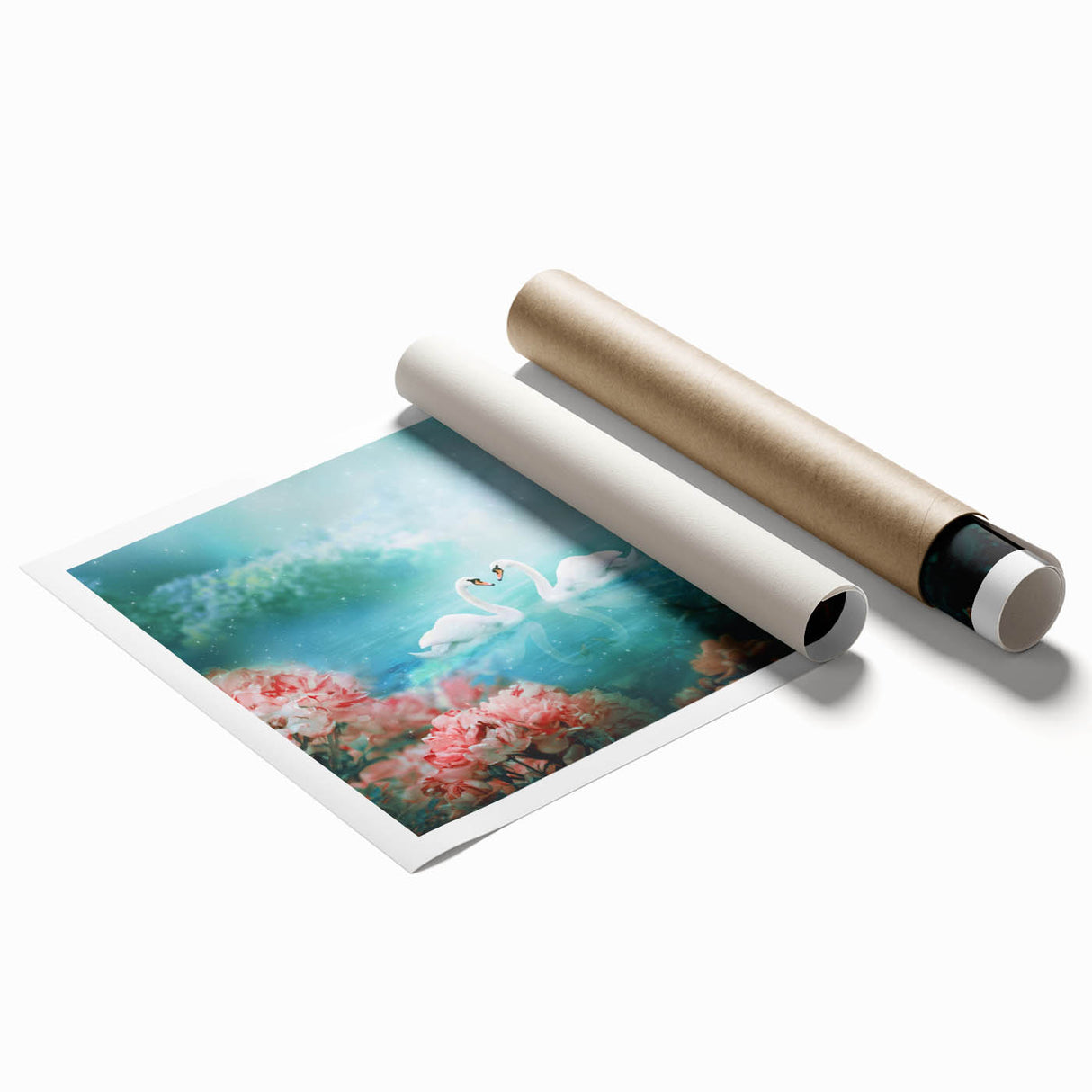 Vibrant rolled print showcasing a lush garden landscape with colorful flowers and greenery, ideal for home decor and interior design enthusiasts.