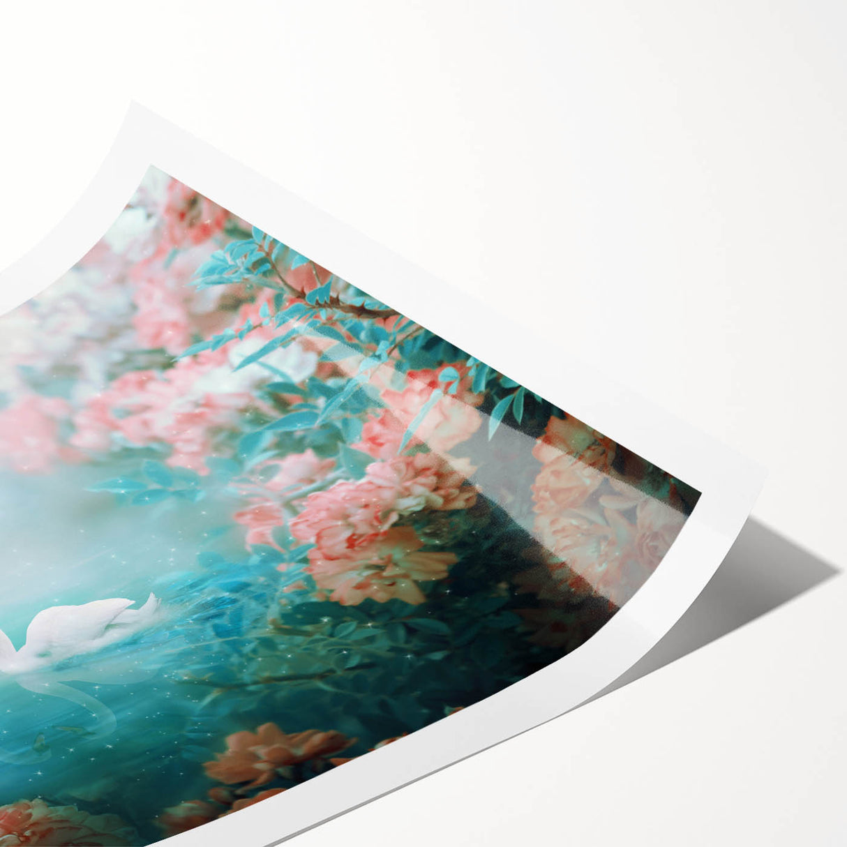 Vibrant landscape wall art print showcasing lush greenery and colorful flowers, rolled for easy shipping in a protective cardboard tube, perfect for home decor.