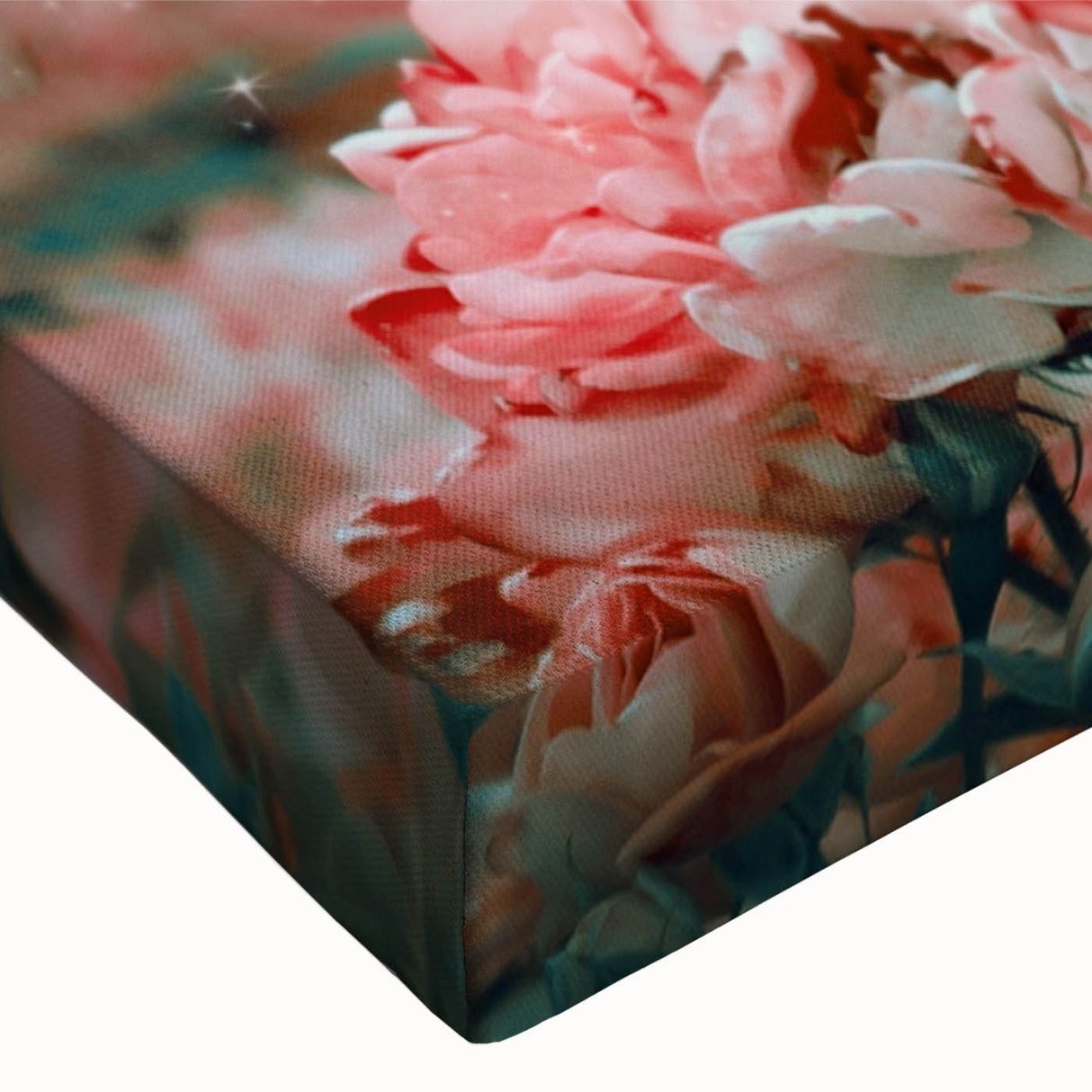 Close-up of a stretched canvas artwork showcasing a vibrant landscape garden design with rich colors and intricate details, ideal for home decor.