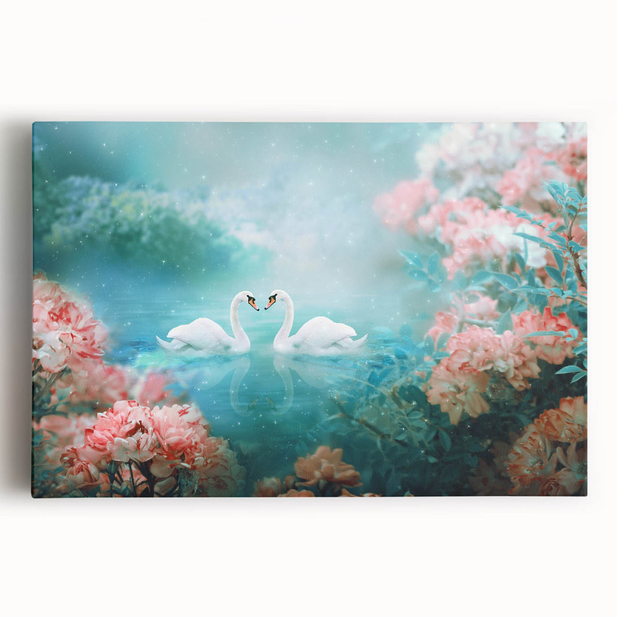 Stretched canvas artwork showcasing a vibrant landscape garden design, featuring lush greenery and colorful flowers, ideal for home decor and interior design enthusiasts.