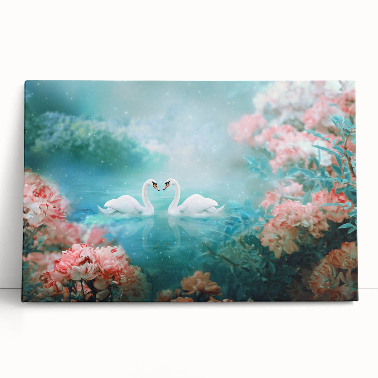 Stretched canvas art depicting a vibrant landscape garden design with lush greenery and colorful flowers, elegantly leaning against a wall, perfect for home decor.