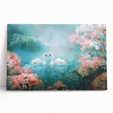Stretched canvas art depicting a vibrant landscape garden design with lush greenery and colorful flowers, elegantly leaning against a wall, perfect for home decor.