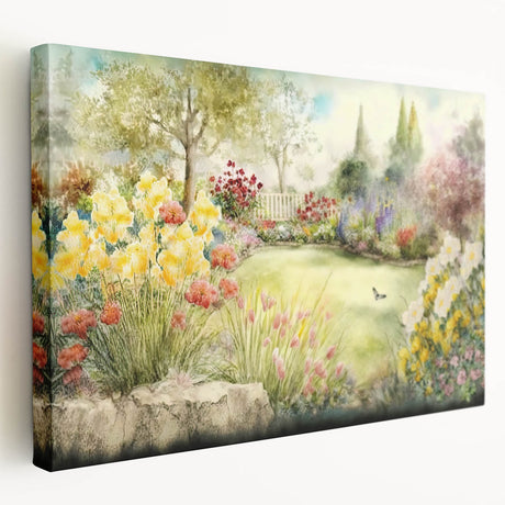 Stretched canvas wall art showcasing a vibrant landscape garden design with rich colors and intricate details, perfect for enhancing home decor. Ideal for art enthusiasts seeking to elevate their living spaces.