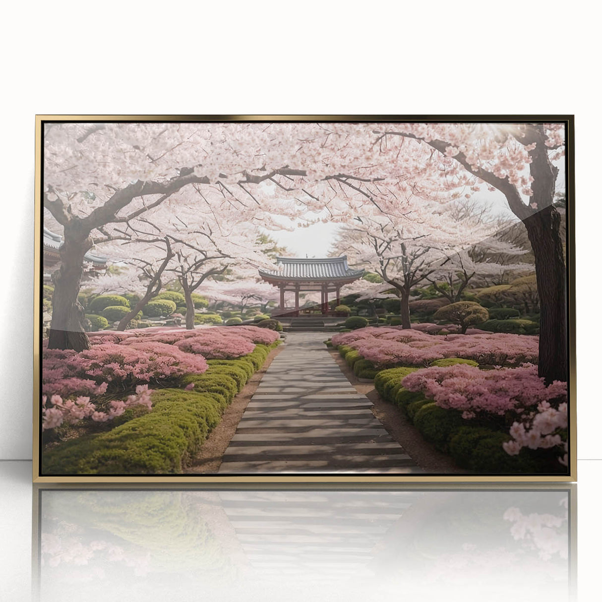 Framed acrylic wall art collection featuring vibrant landscape and garden designs in gold, showcasing intricate details and a modern aesthetic. Ideal for home decor.