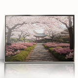 Framed acrylic wall art collection showcasing a serene landscape with vibrant colors and intricate garden designs, accented with a sleek silver frame. Ideal for modern home decor.