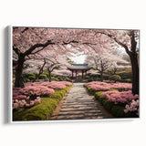 Framed canvas wall art showcasing a serene landscape garden design, featuring vibrant colors and intricate details, ideal for enhancing home decor.