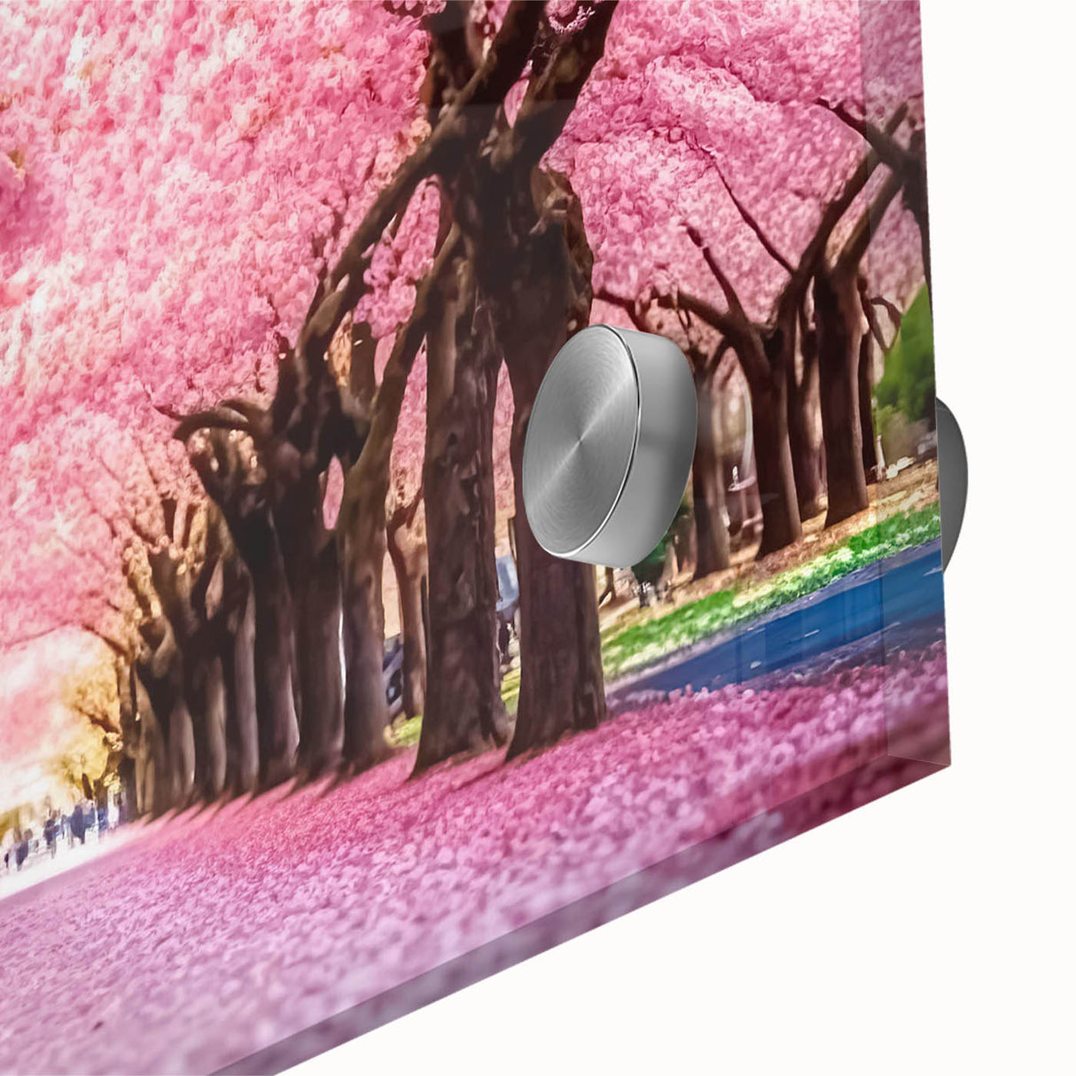 Close-up view of a vibrant acrylic wall art piece showcasing a colorful landscape and garden design, ideal for home decor, featuring intricate details and textures.