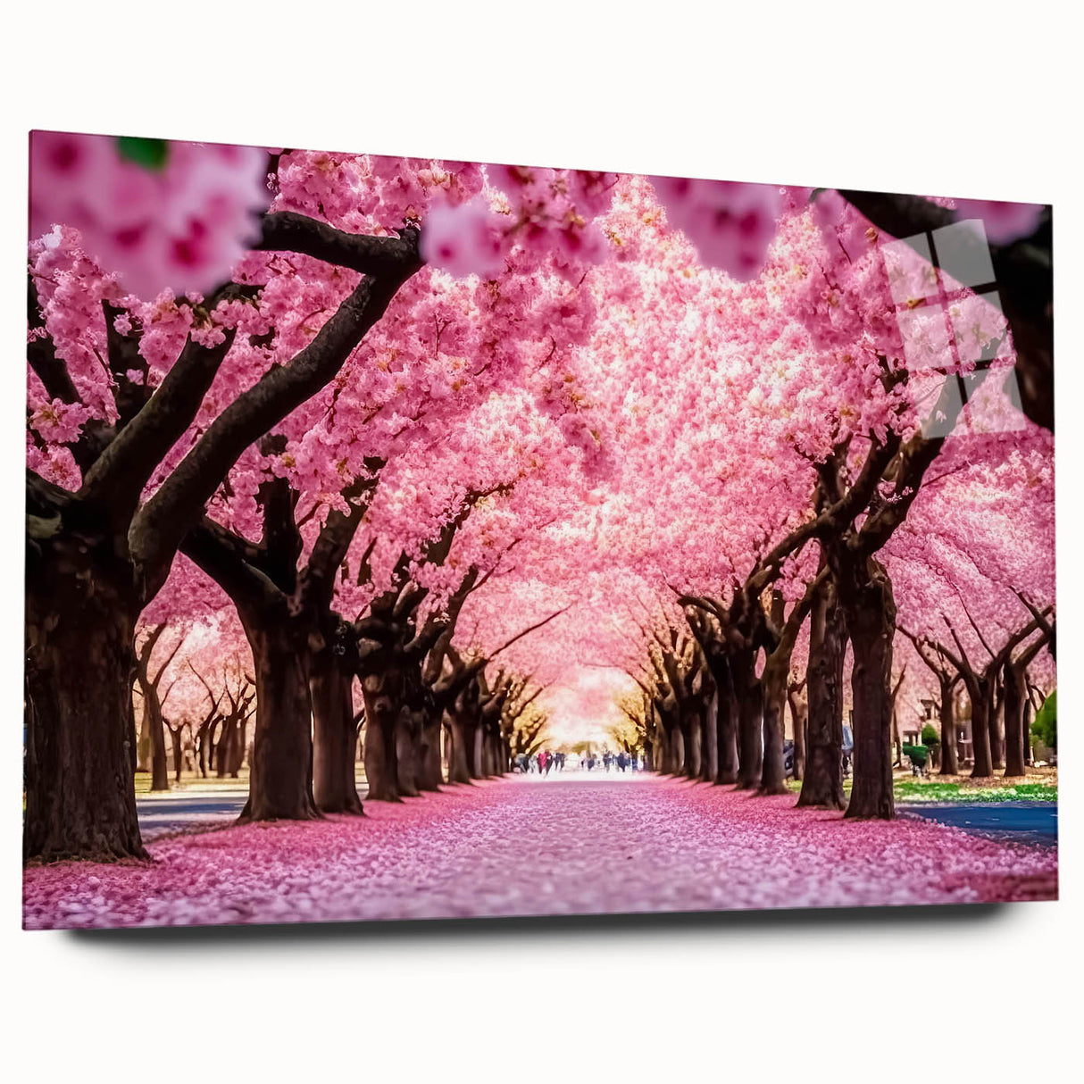Acrylic glass wall art collection showcasing a vibrant landscape garden design, viewed from the side, highlighting its sleek finish and modern aesthetic. Perfect for enhancing contemporary home decor.