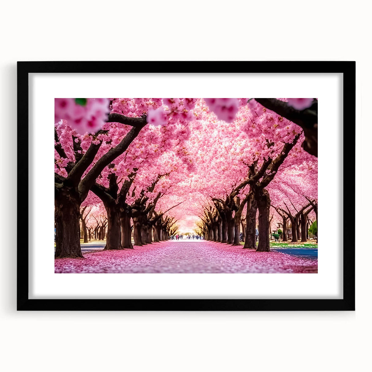 Framed wall art collection showcasing vibrant landscape and garden designs, featuring a sleek black frame and matting for an elegant presentation. Perfect for home decor.