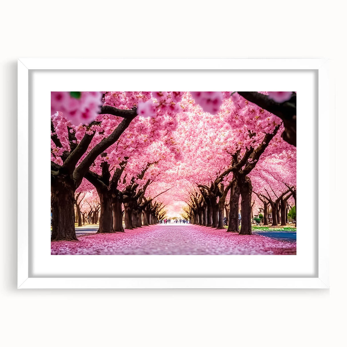Framed wall art collection featuring a serene landscape garden design, presented in a white mat and frame, ideal for home decor and enhancing aesthetic appeal.