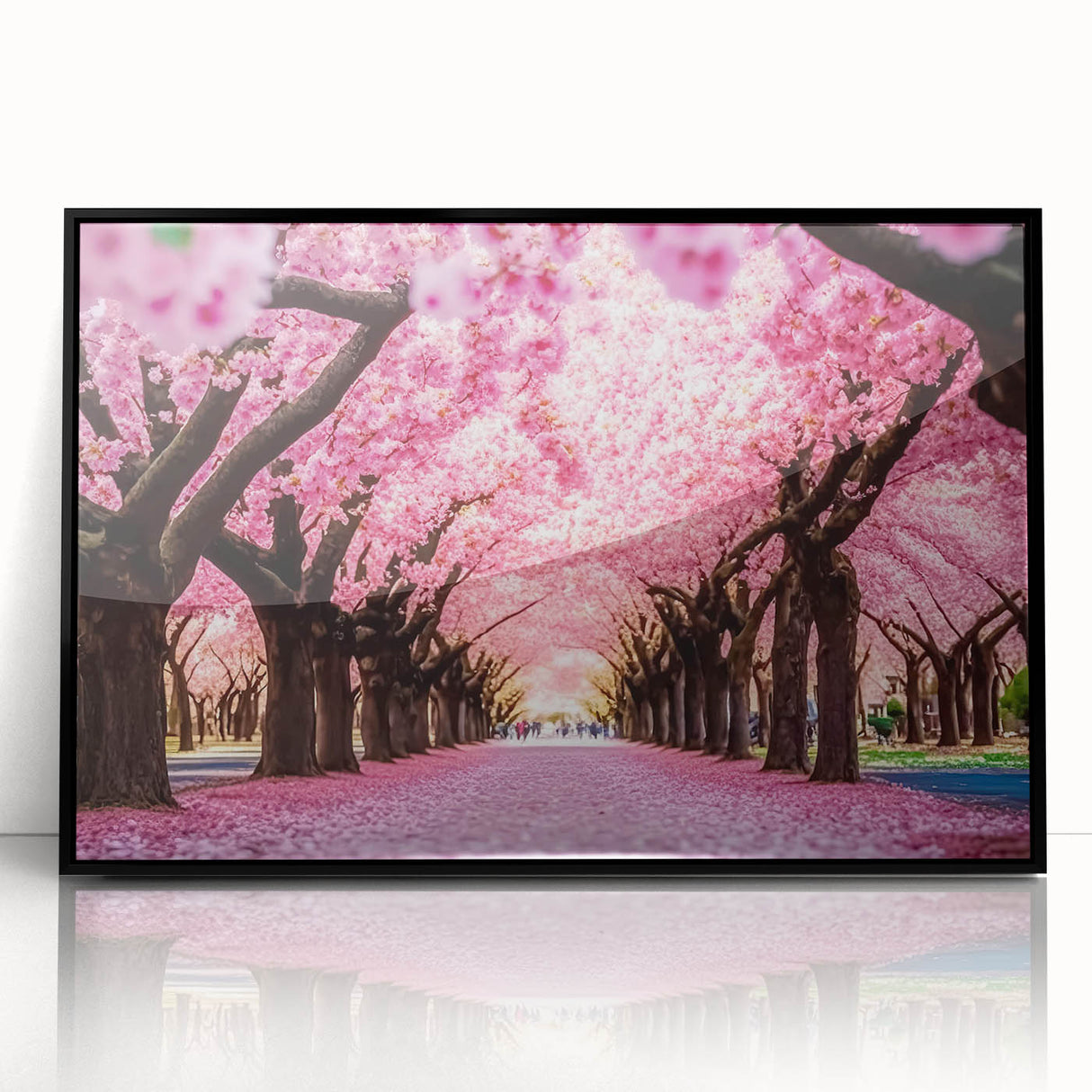 Framed acrylic wall art featuring a stunning landscape garden design with vibrant colors and intricate details, displayed from a black front view. Ideal for home decor.