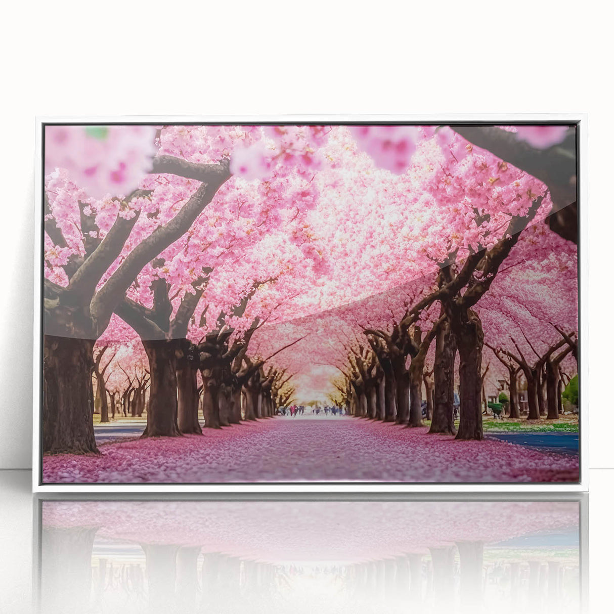 Framed wall art collection showcasing a vibrant landscape design with lush gardens, set in a sleek white frame, perfect for enhancing home decor.