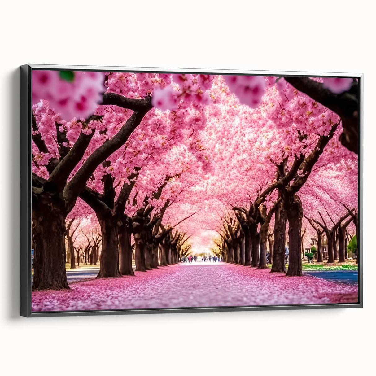Framed canvas wall art showcasing a vibrant landscapes and gardens design, featuring intricate details and a sleek black frame, ideal for enhancing home decor.