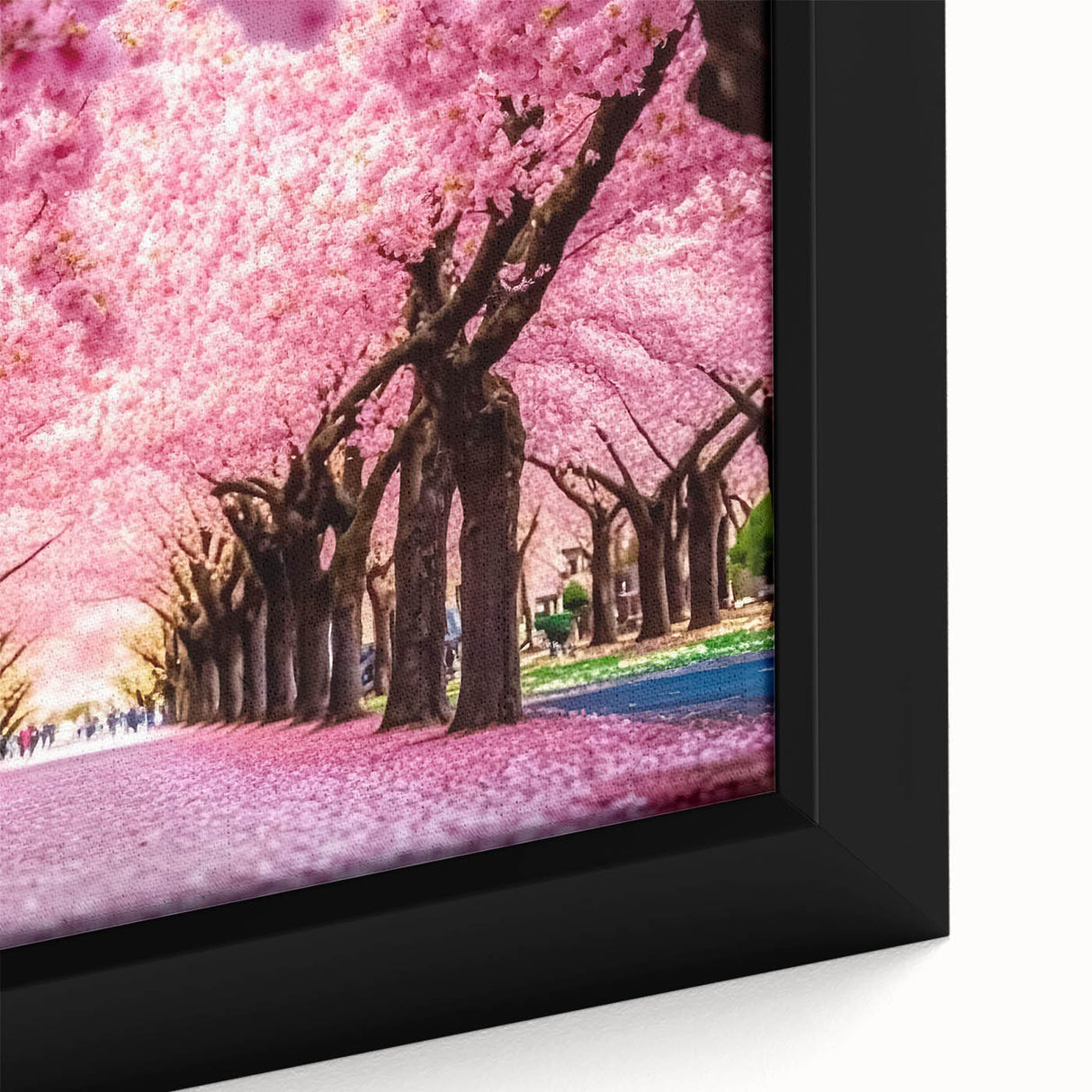 Close-up of a framed canvas wall art piece showcasing a vibrant landscape garden design, featuring lush greenery and colorful flowers, perfect for home decor.