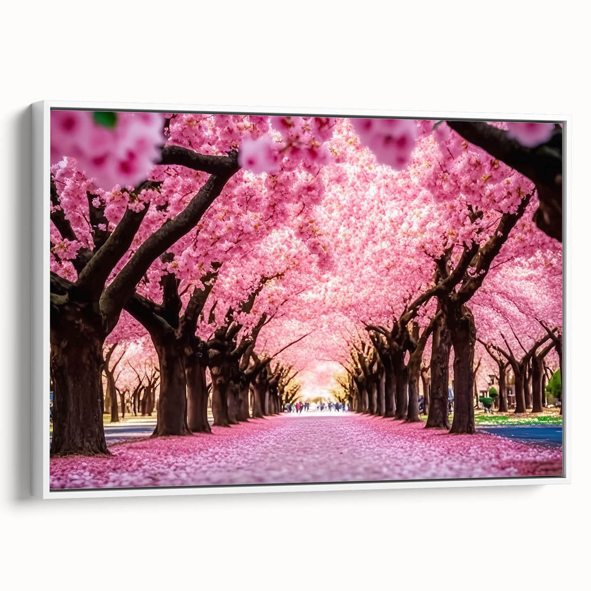 Framed canvas wall art depicting a serene landscape garden design, showcasing vibrant greens and soft blues, ideal for home decor. Side view highlights the elegant frame.