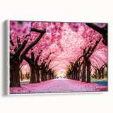 Framed canvas wall art depicting a serene landscape garden design, showcasing vibrant greens and soft blues, ideal for home decor. Side view highlights the elegant frame.