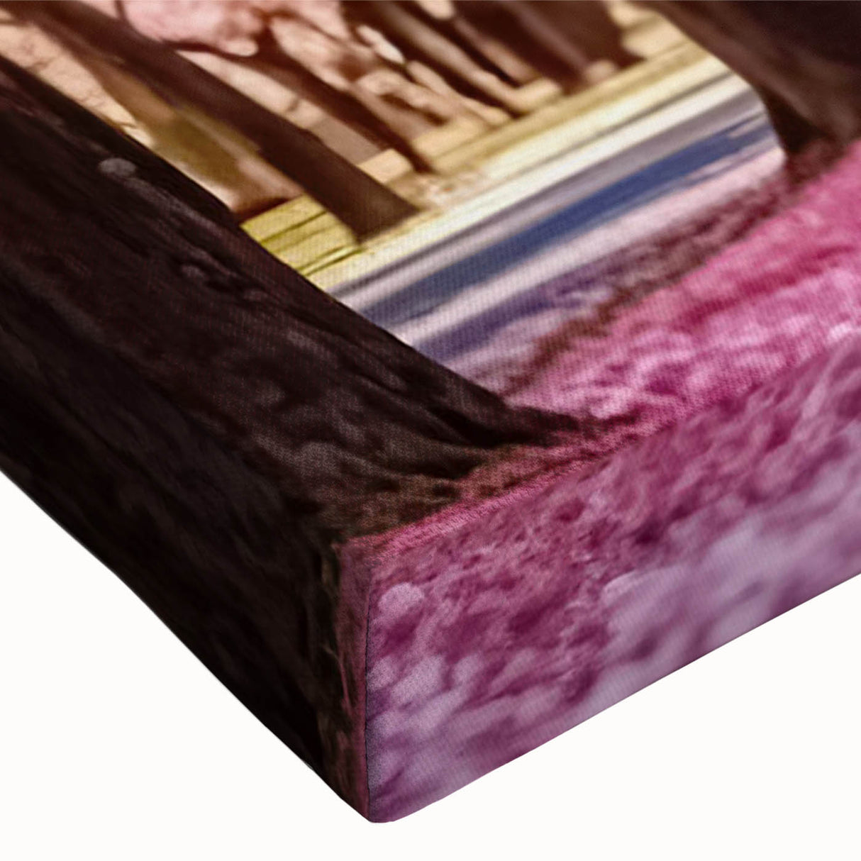 Close-up of a stretched canvas artwork showcasing a vibrant landscape design with lush greenery and colorful flowers, ideal for enhancing garden-themed decor.