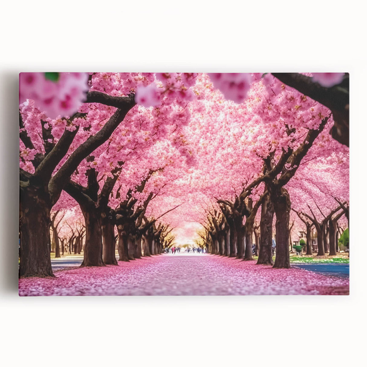 Vibrant stretched canvas artwork depicting a serene landscape garden design with lush greenery and colorful flowers, ideal for home decor enhancement.