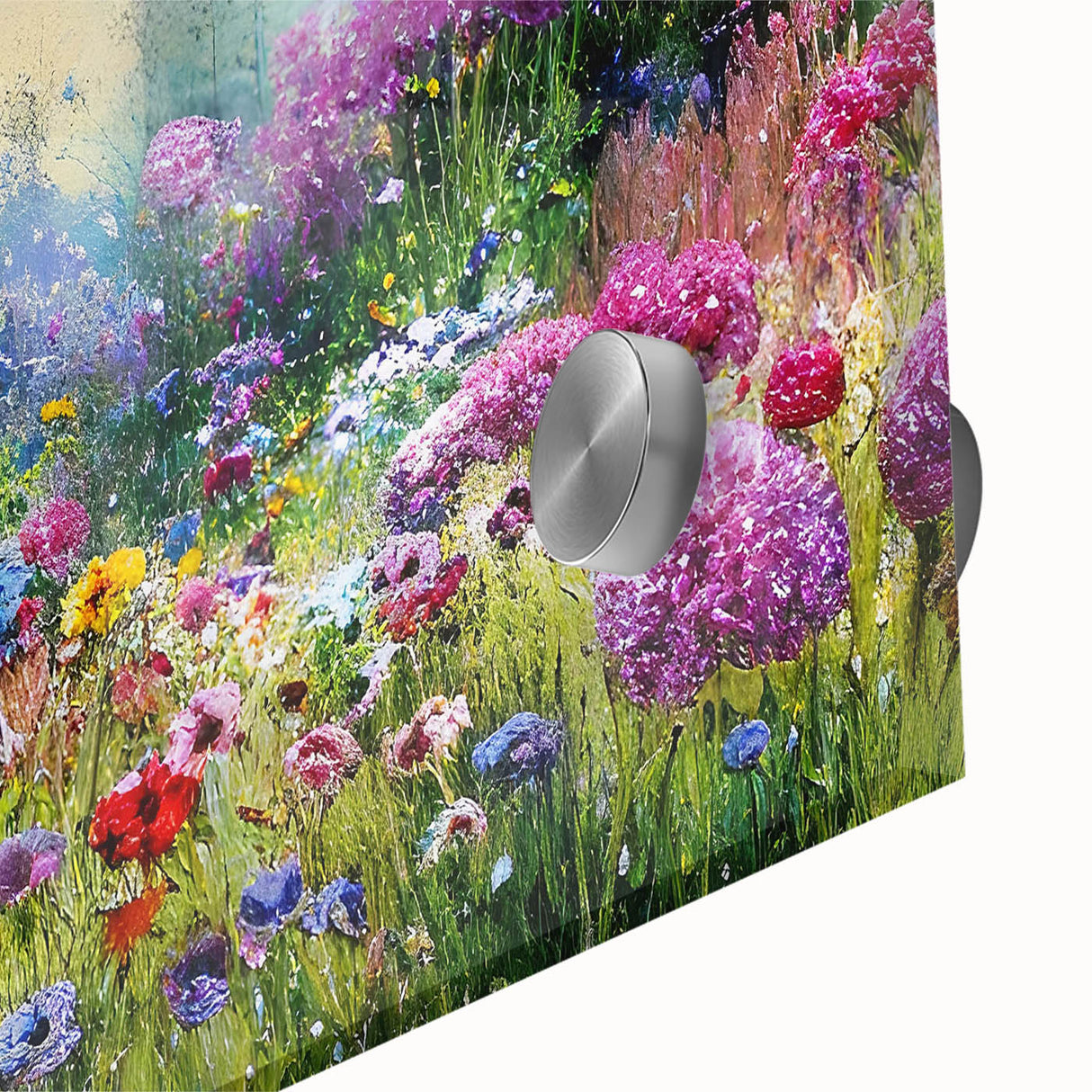 Close-up of a vibrant acrylic glass wall art piece showcasing a lush garden landscape, featuring rich greens and floral details, perfect for home decor.