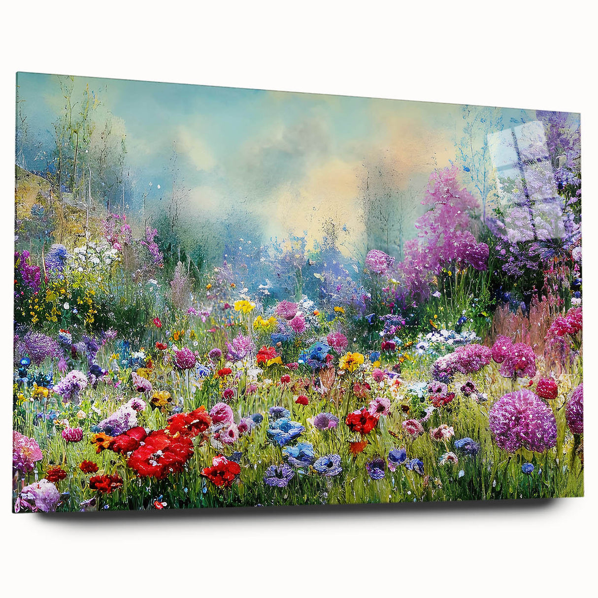 Acrylic glass wall art depicting a serene landscape design with vibrant colors, showcasing intricate details and textures, ideal for modern home decor.