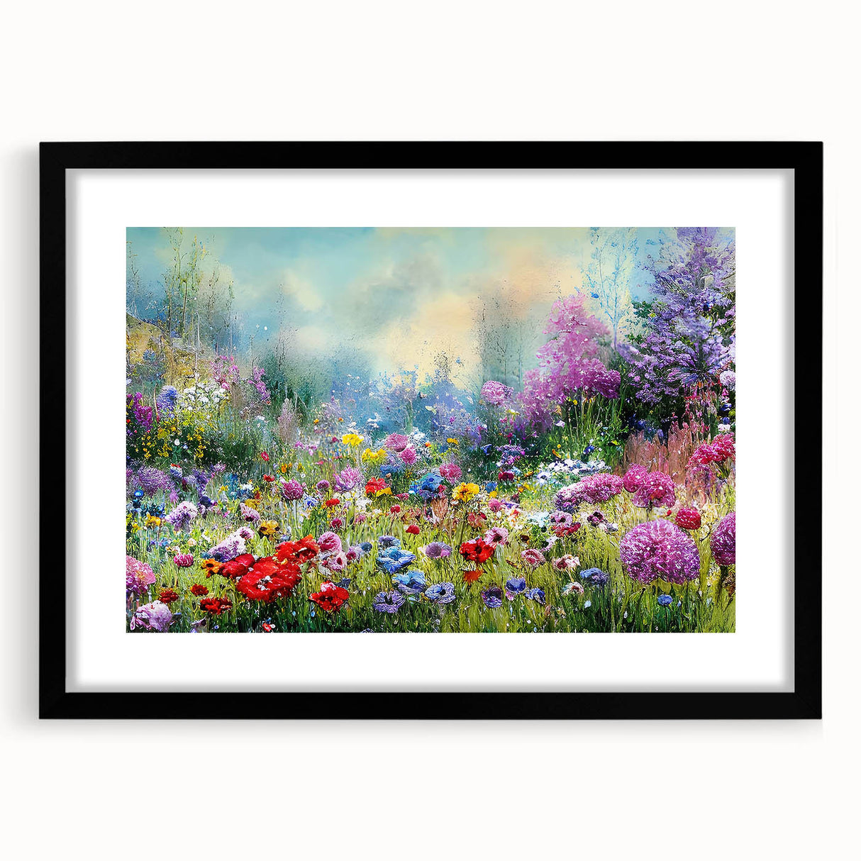 Framed wall art collection showcasing a vibrant landscape garden design with a black mat and frame, perfect for home decor and artistic enhancement.