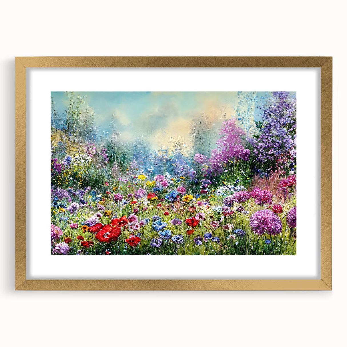 Elegant gold-framed wall art collection showcasing stunning landscapes and garden designs, perfect for enhancing home decor with a touch of nature-inspired beauty.