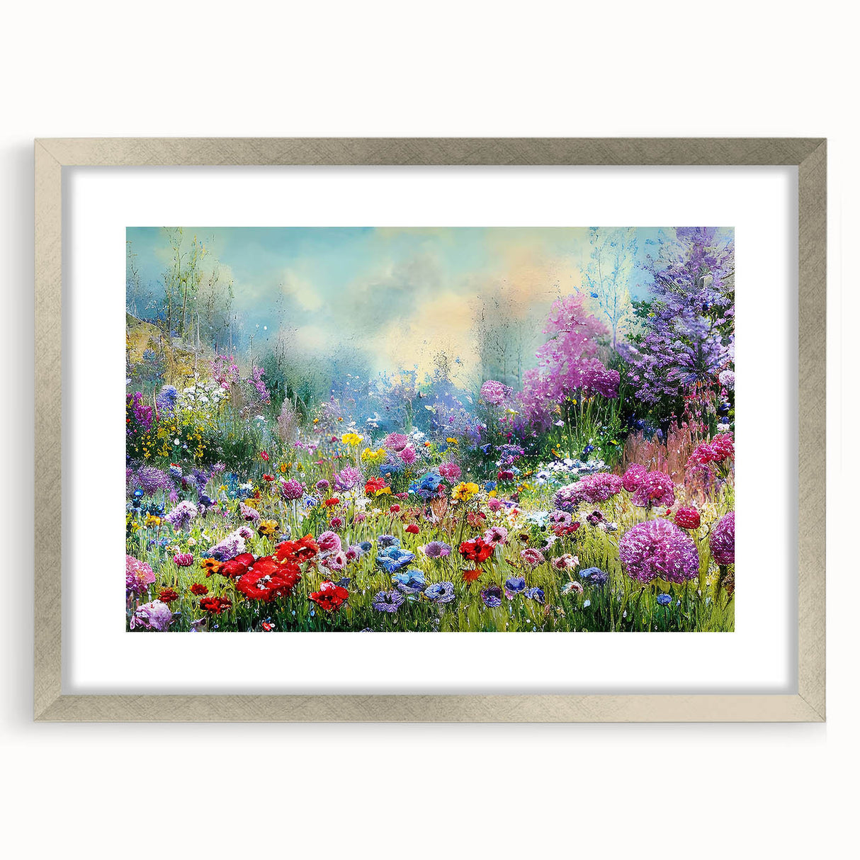 Framed wall art showcasing a serene landscape garden design, featuring vibrant colors and intricate details, presented in a stylish silver frame with a mat.