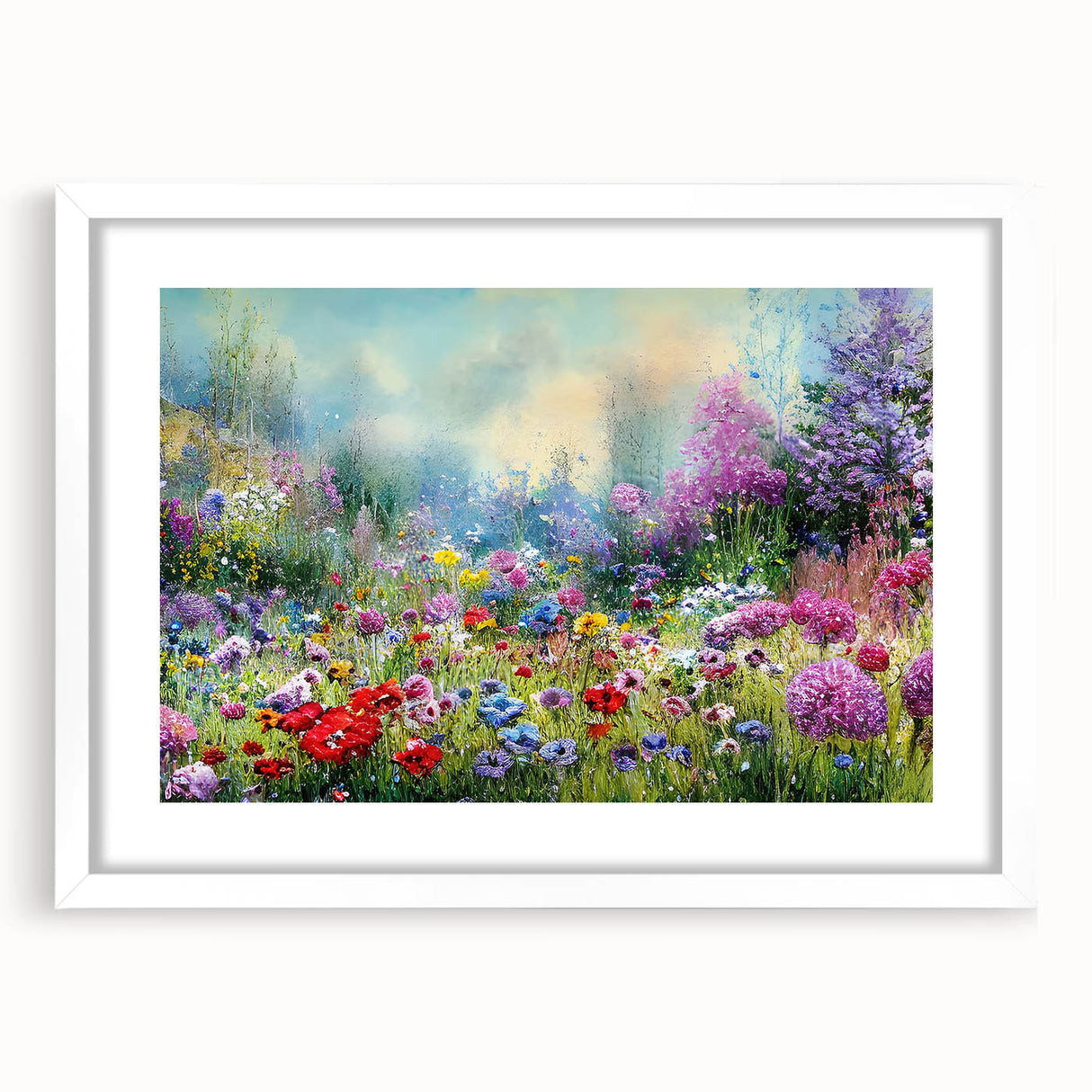Framed wall art collection featuring a stunning landscape and garden design, showcasing vibrant colors and intricate details, set in a sleek white mat for a modern touch.