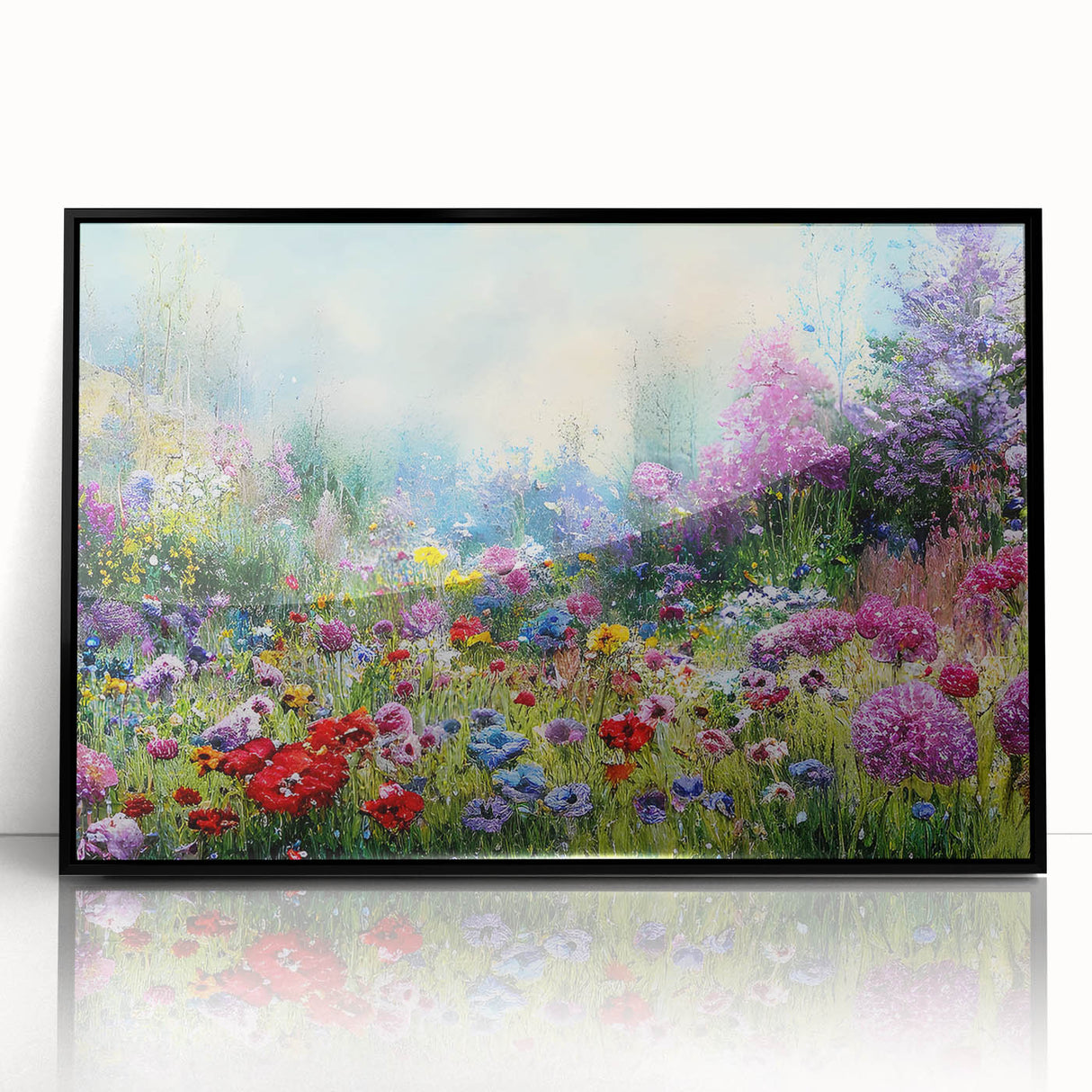 Framed acrylic wall art featuring a vibrant landscape garden design with lush greenery and colorful flowers, presented in a sleek black frame, ideal for home decor.