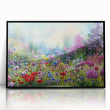 Framed acrylic wall art featuring a vibrant landscape garden design with lush greenery and colorful flowers, presented in a sleek black frame, ideal for home decor.
